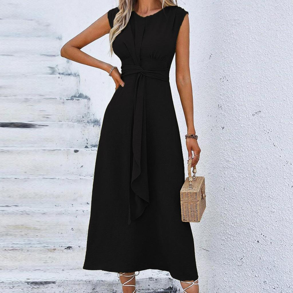 Women's Fashion Casual -Color Waist-Tied Long Sleeveless Dress