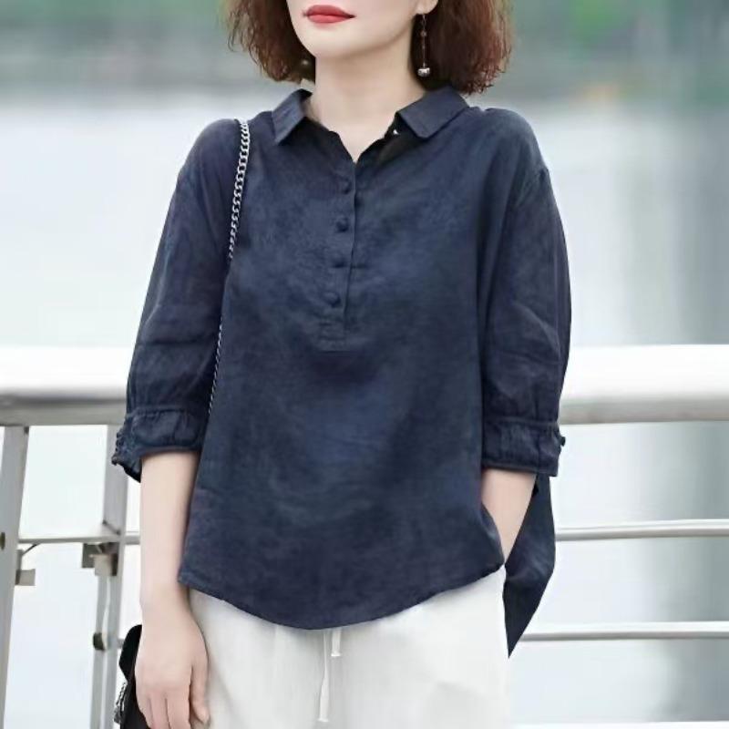 Camisa casual de lino mezclado para mujer con cuello de solapa, media botonadura, manga tres cuartos