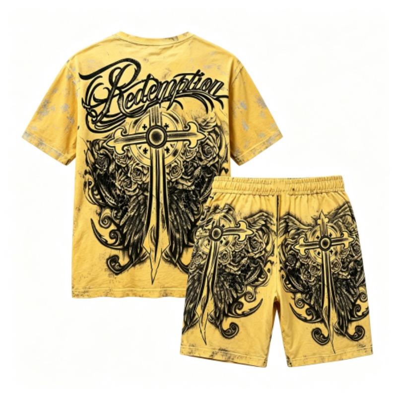 Sommer Gotischer Stil Kreuzschwert Aufdruck Rundhals Kurzarm T-Shirt und Shorts Set Herren und Damen T-Shirt Shorts Set