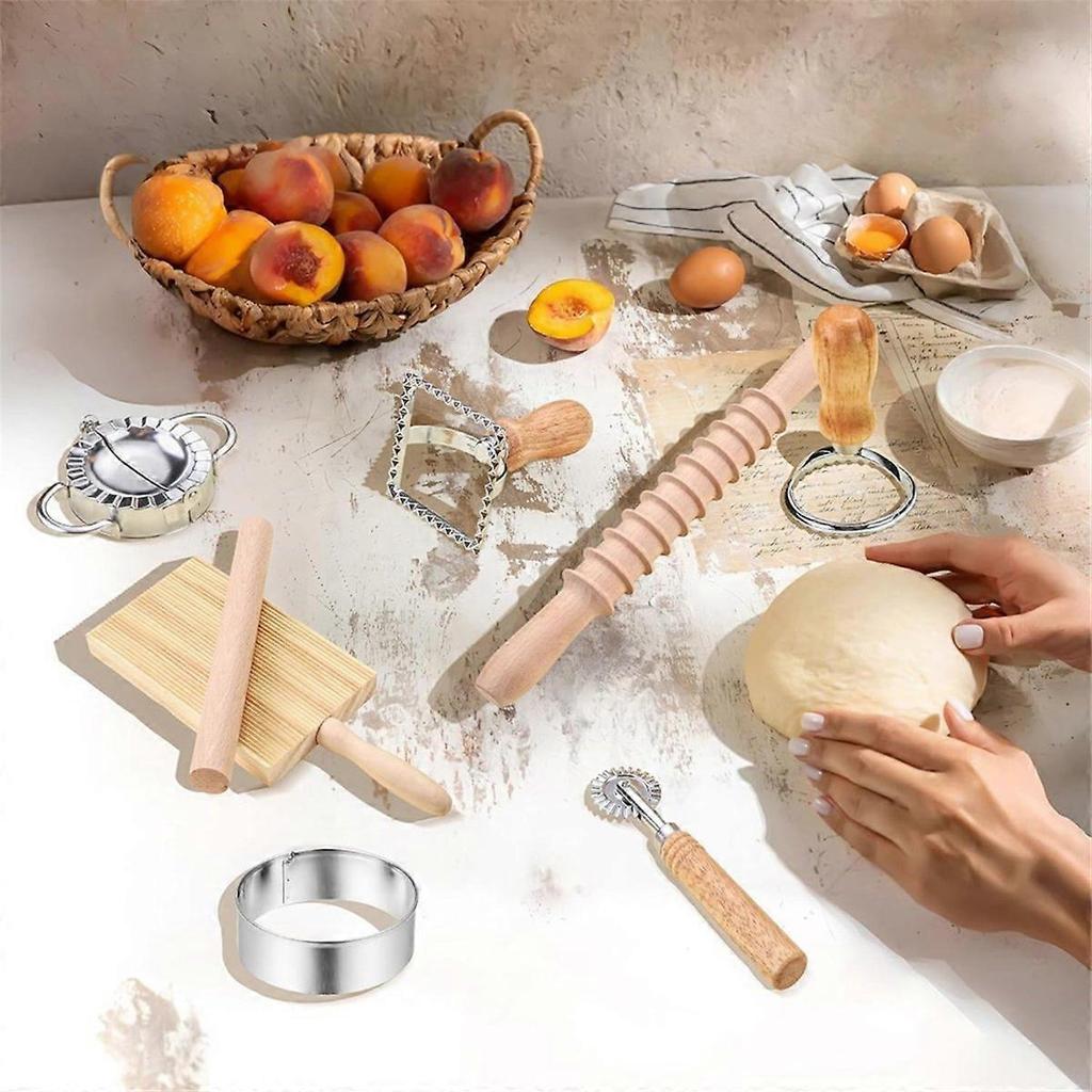 9Pcs Pasta Making Tools Set, Wooden Rolling Pin,Pastry Cutter Wheel