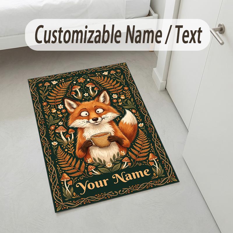 Fox Garden Theme Soft Crystal Velvet Rug Custom Name & Text Print Non Slip Floor Rug for Bedroom Living Room