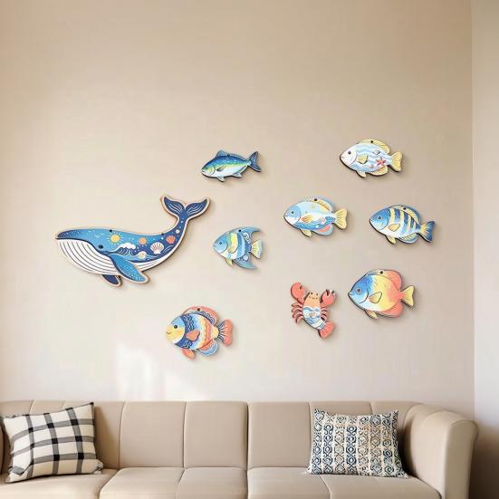 9 Pcs Summer Wood Nautical Beach Wall Decor Coastal Fish Lobster Whale Wall