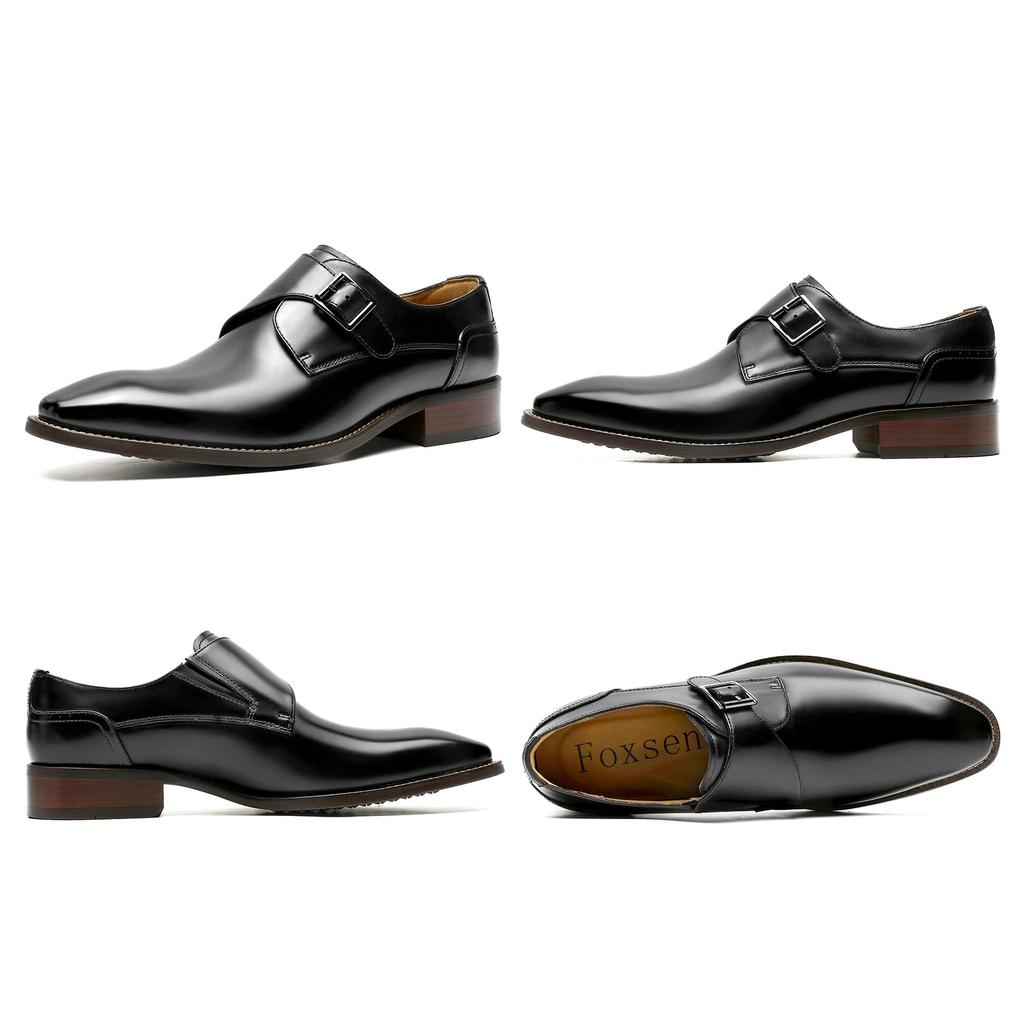 Foxsense Pánské boty z pravé kůže Monk Strap společenské hladké, špička, černé, 24,5 cm, C183-01