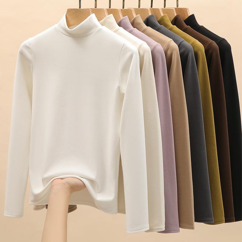 Combination Semi-turtleneck Double-sided German Velvet Bottoming Shirt for Women's Autumn and Winter with Solid-color Warm Long-sleeved Top