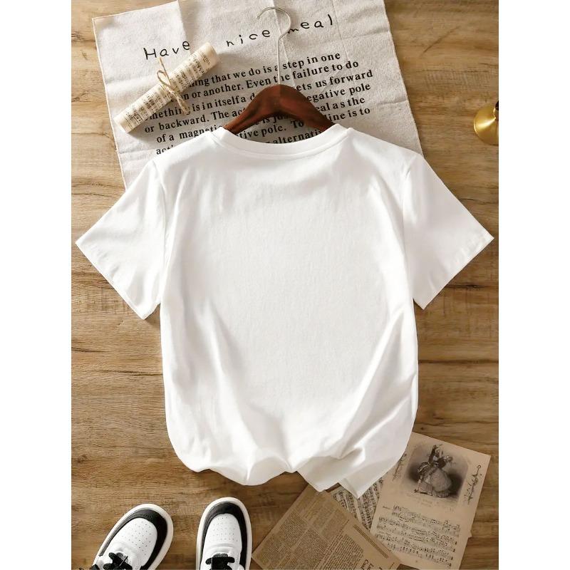 European Size Women's Soft Stretchy T-Shirt with Cute Teddy Bear Balloon Print Short Sleeve - Lightweight Round Neck Blouse for Spring Summer