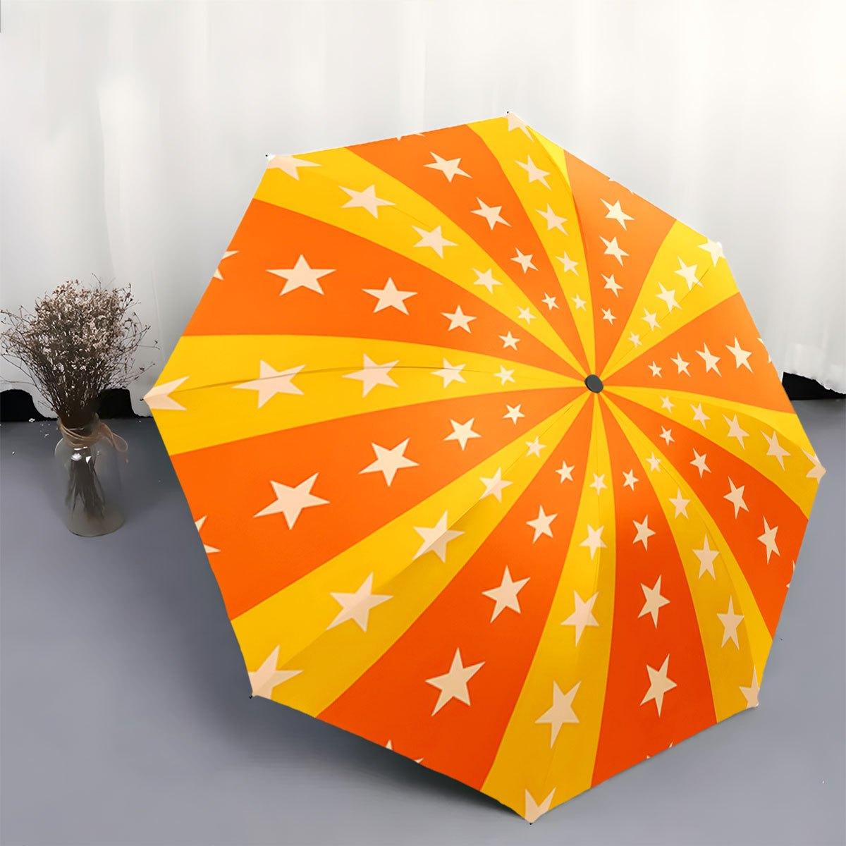 Automatic Opening/Closing Umbrella with One-Touch Button - Orange & Yellow Spiral with White Stars, Automatic Folding/Opening,