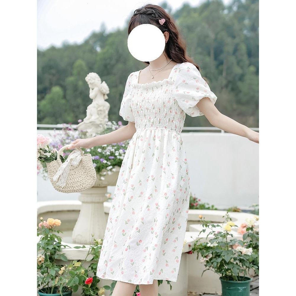 

Розовое цветочное платье с рукавами-буфами, женская летняя мода, новое тонкое платье с квадратным вырезом, маленькое свежее сказочное пышное платье XL- (recommended 110-60kg)