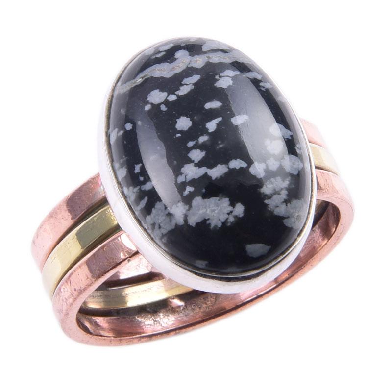 Natural Snowflake Obsidian Gemstone 925 Sterling Silver Two Tone Ring S.9 Z5i05