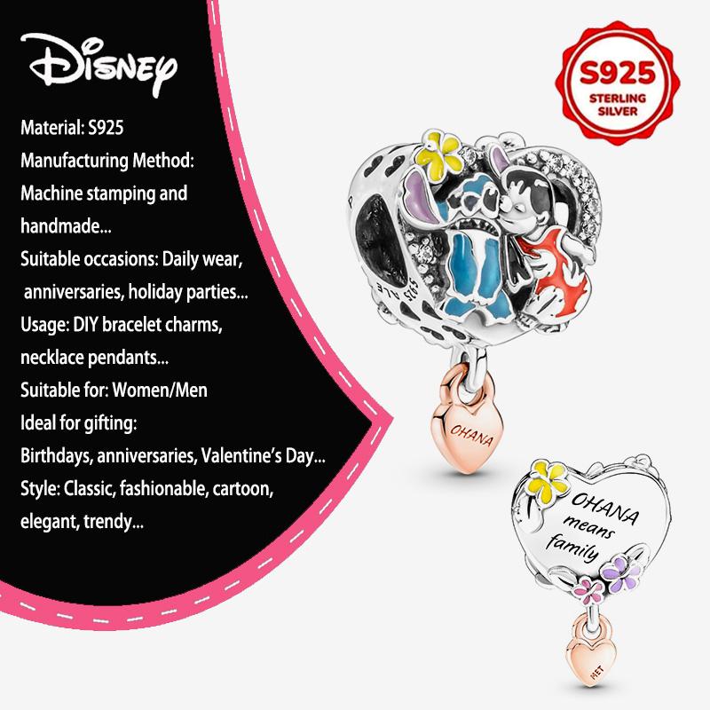 New Disney 925 Silver Winnie & Stitch Charms for Bracelet Necklace DIY Jewelry Gifts Holiday Party