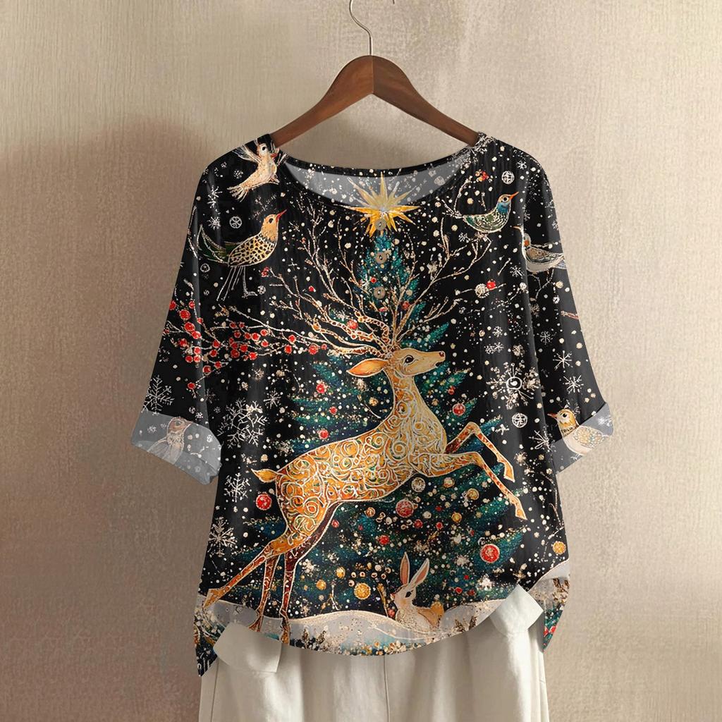 Women's Fashionable And Casual Shirt Half-sleeve Round Neck Print Cotton And Linen Blouse Top
