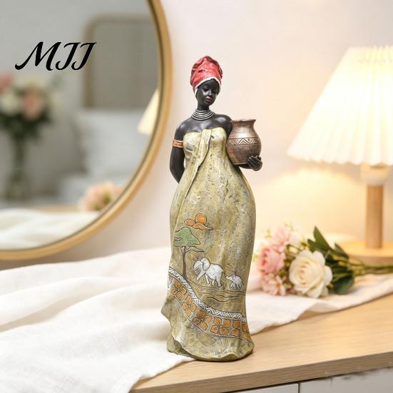 Sitting African Character Lady Figurine, Resin Ethnic Sitting/Standing Woman Statue, Hand-Painted Bohemian Home Decor for Tabletop Art Decoration