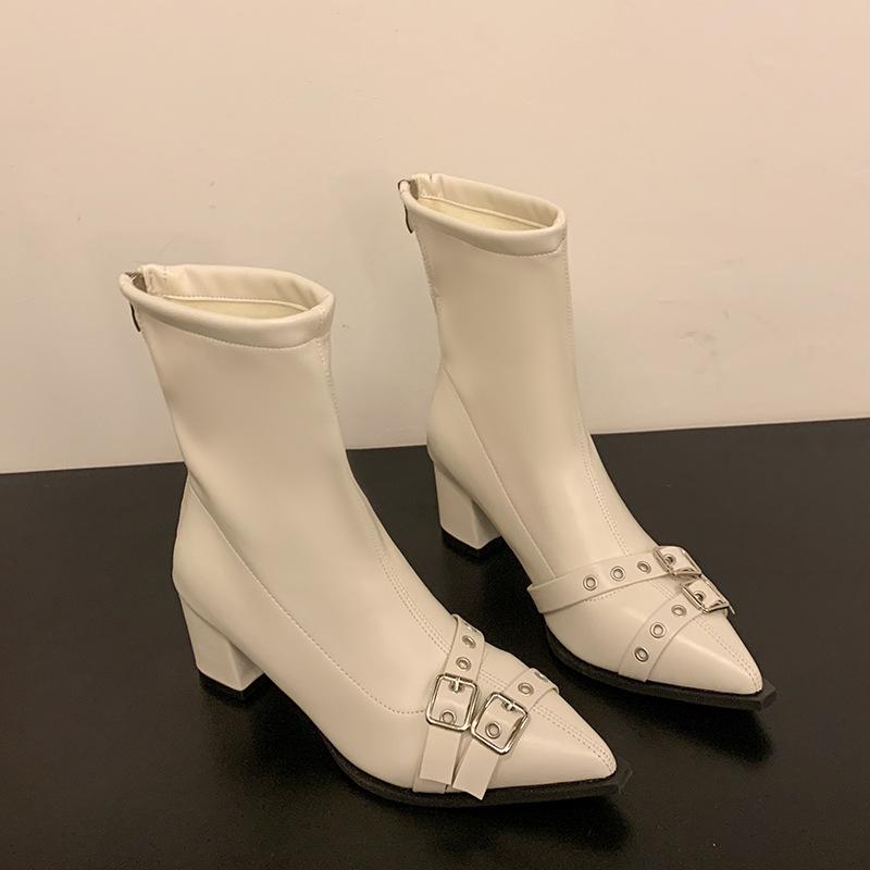 2025 Autumn and Winter Pointed Belt Buckle Thick Heel Short Boots Women's European and American Style High Heel Rear Zipper Super Soft Leathe