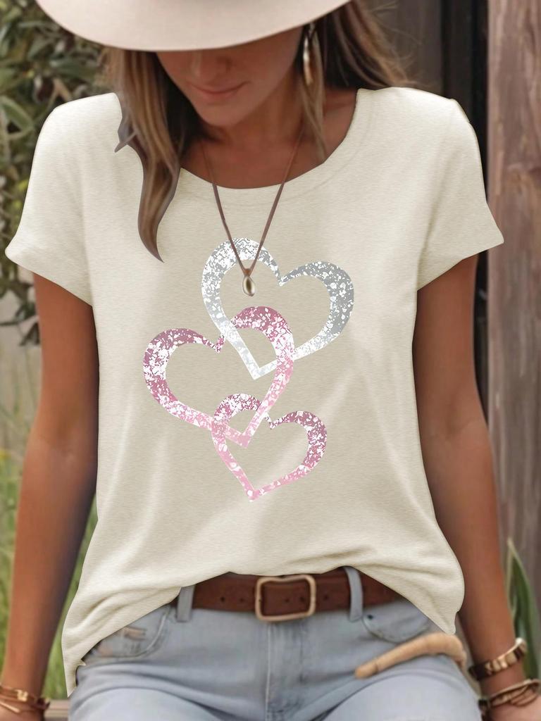 Heart Print Round Neck Short Sleeve Summer T-shirt - European & American Style