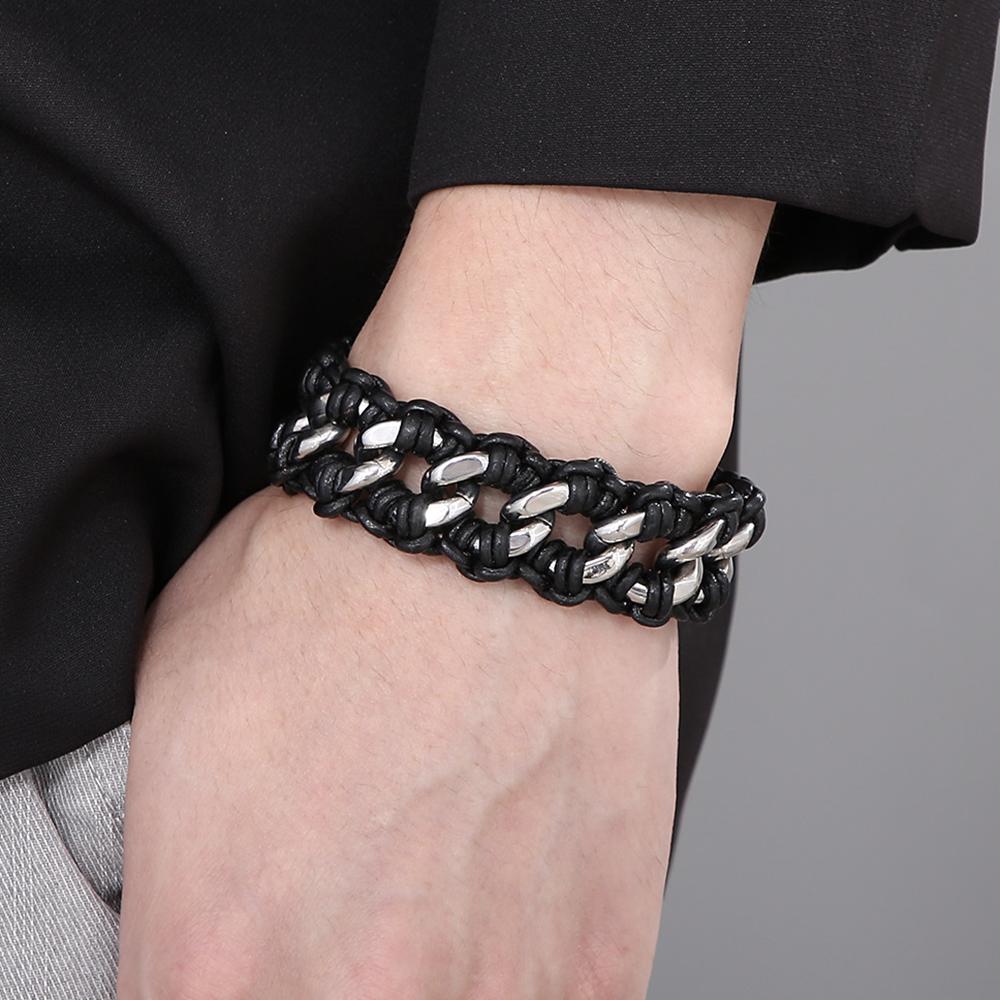 Herren 22MM Poliertes Edelstahl Kubanische Kette Armband für Herren Geflochtenes Leder Wickelarmband Armband Männliches Schmuckaccessoire