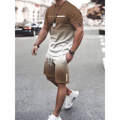 Set di abbigliamento estivo da resort alla moda da uomo in 2 pezzi, T-shirt a maniche corte con gradiente da uomo e set di pantaloncini con tasca e coulisse