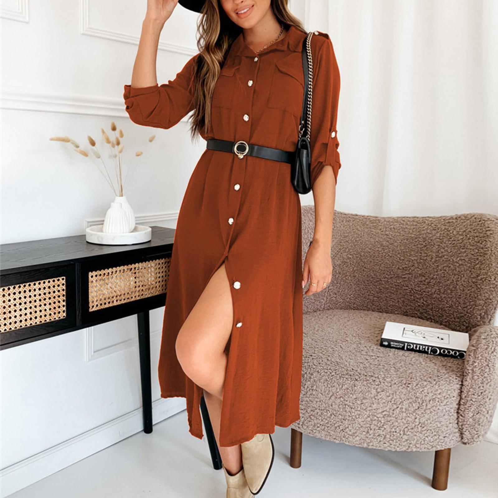 

Длинная юбка, однотонный кардиган, платье с длинными рукавами, рубашка с v-образным вырезом, тонкое платье для женщин XL оранжевый