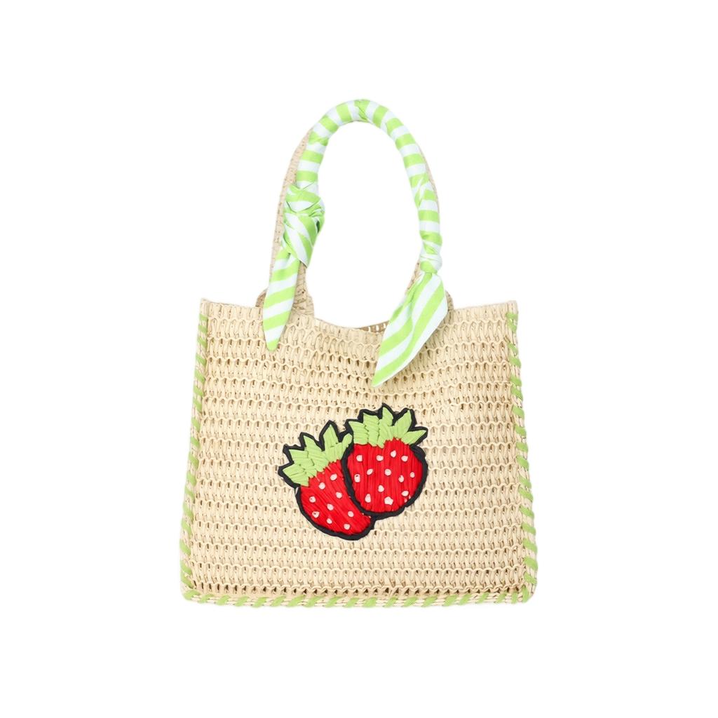 Handwoven Straw Tote Bag with Embroidered Fish Pattern and Wrapped Handles Suitable for Casual Everyday Use and Beach Outings