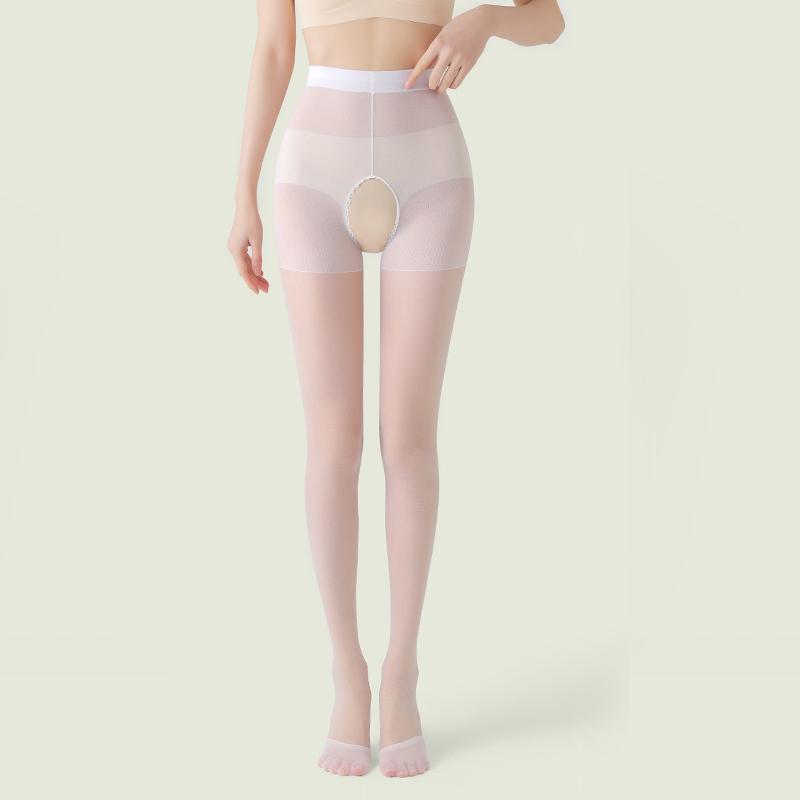 1 Pair Plus Size Summer Thin Open Crotch Pantyhose Women'S High Waist Control Top Tights 20D Sheer Shiny Pantyhose Sexy Lingerie