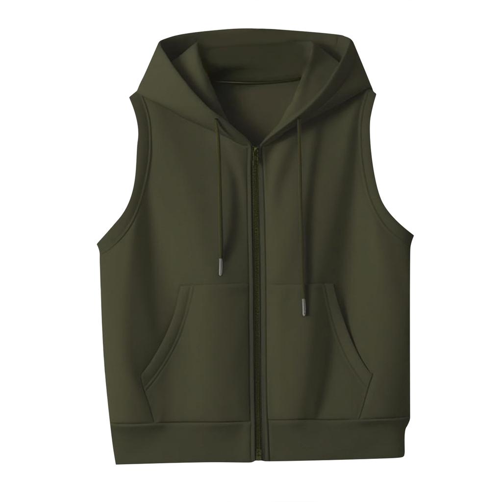 Women's Solid Color Plus Size Fashionable Hooded Drawstring Pocket Vest Top Jacket
