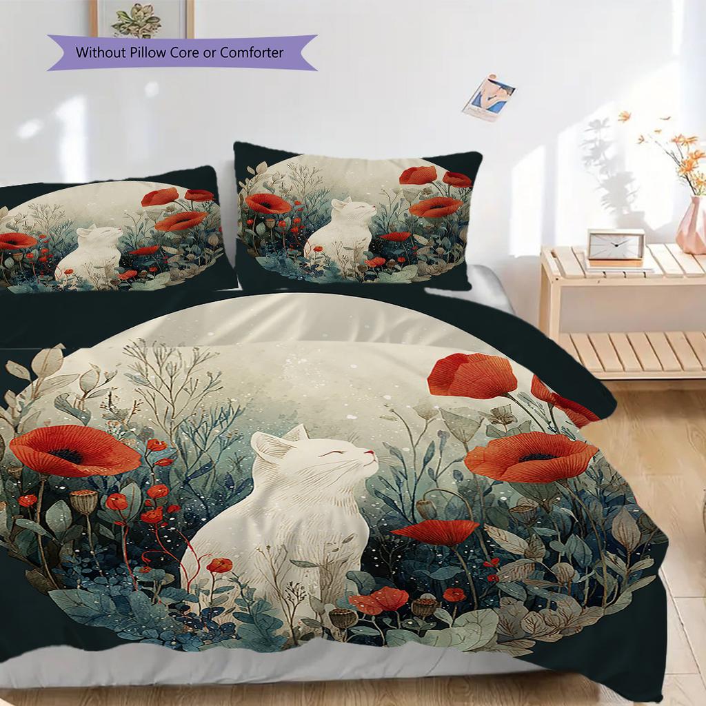 Black Cat Pattern Bedding Quilt Set Quilt Cover Pillowcase Home Decoration Birthday Gift (1 * Duvet Cover + 2 * Pillowcase, Without Core)