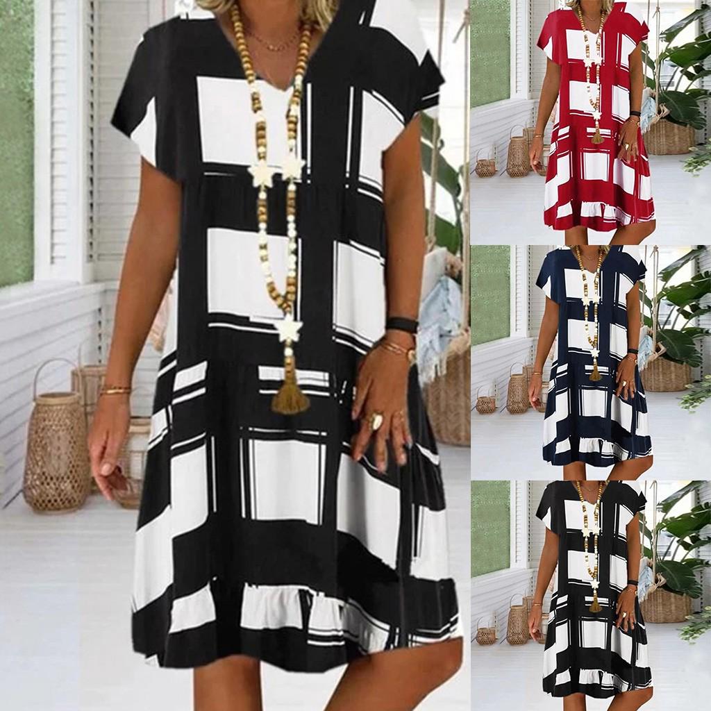 

Женская мода повседневное свободное мини-платье с V-образным вырезом и коротким рукавом с принтом большого размера