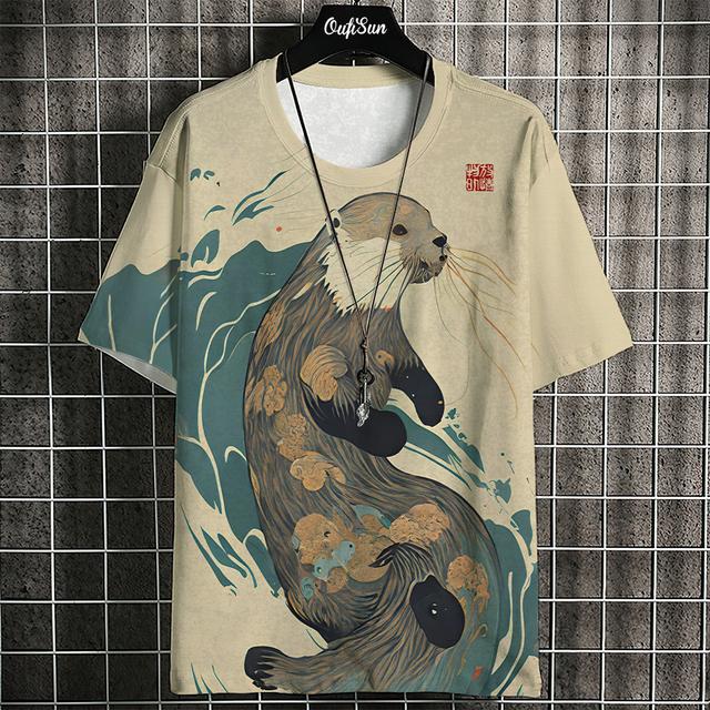 3D Ukiyo-E Animal Print Men's T-Shirt Summer Casual Oversized Short Sleeve T Shirt for Men Fashion Man Clothing Vintage Tee
