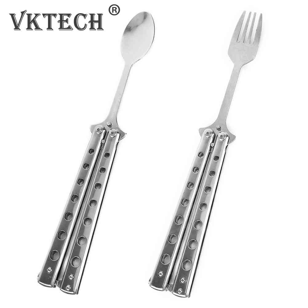 Cuchillo Mariposa Cuchara Tenedor Plegable Balisong Cuchara Tenedor de Entrenamiento Cuchillo Mariposa Entrenador Vajilla para Camping al Aire Libre Herramienta de Cocina