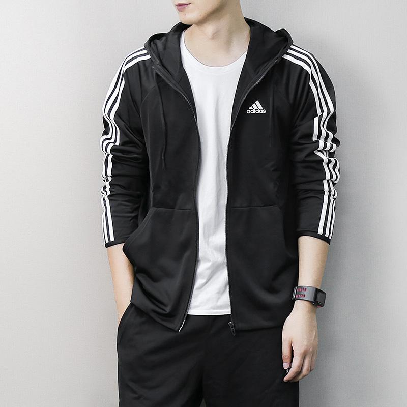 adidas D2M Logo Gestrickte Kapuzenjacke Gestreift Langarm Jacke Herren Jacken Schwarz Weiß BK4063