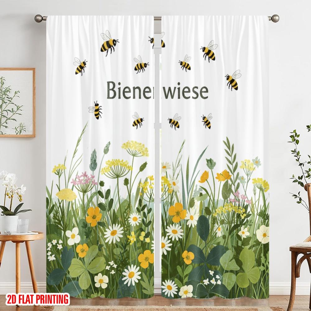 2 Stück 2D-Flachdruck Fensterbehandlung Vorhänge Bienenwiese Blumen Bienen Polyester Ohne Strom 0 für Alle Anlässe