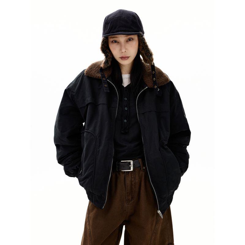 Kisko Winter American-Style Lamb Wool Collar Deconstructed Workwear Cotton Jacket for Men and Women, High-End Fleece-Lined Thickened Coat for Couples