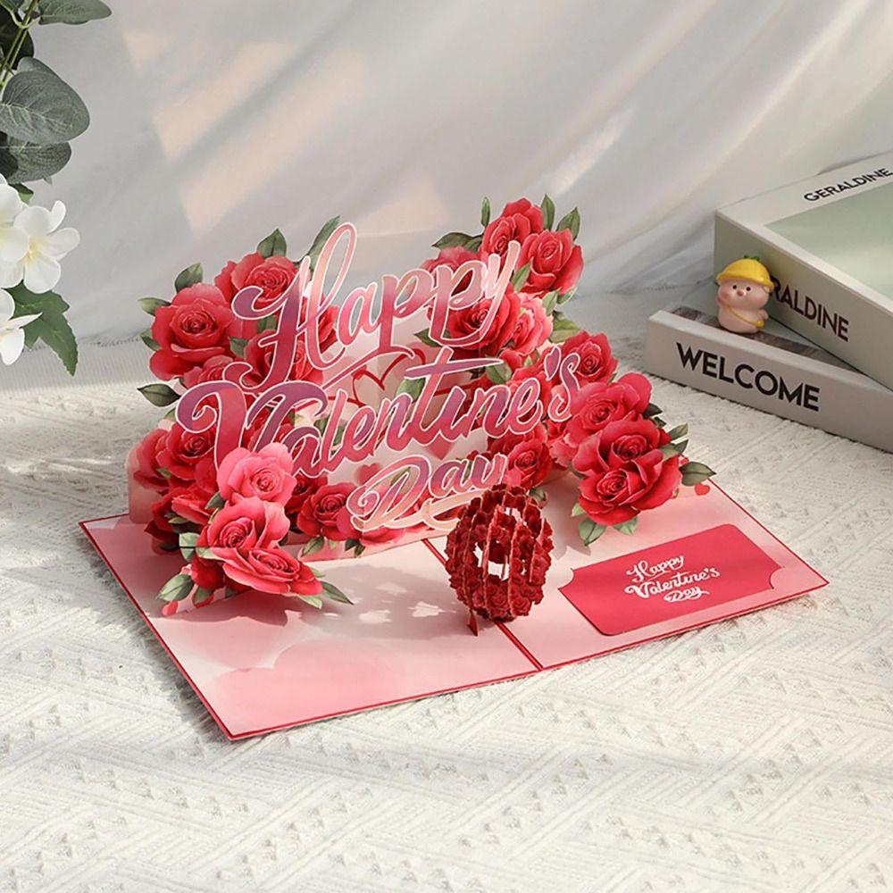 Fashion Romantic Theme 3D Rose Card Pop-Up Mechanism 3D Rose Couple Card Flower Design Gift Cards Valentines Day