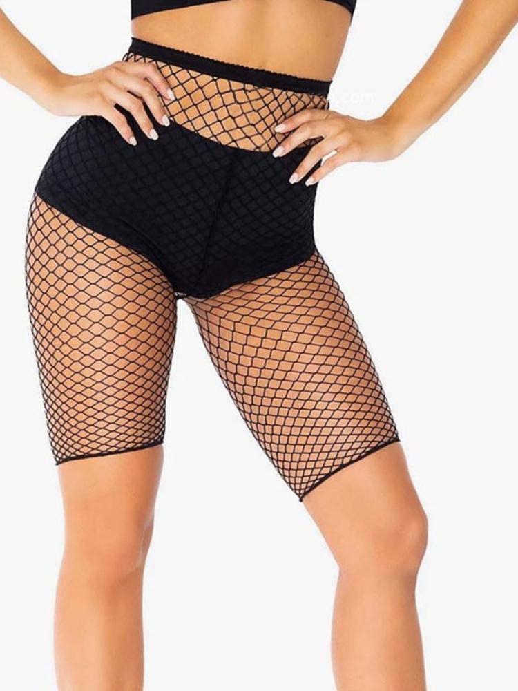 Women'S Sexy Nylon Seamless Mid-Thigh Length Fishnet Tights Black Thin Ins Trendy Mesh Hollow Out Knee-Length Shorts Pantyhose