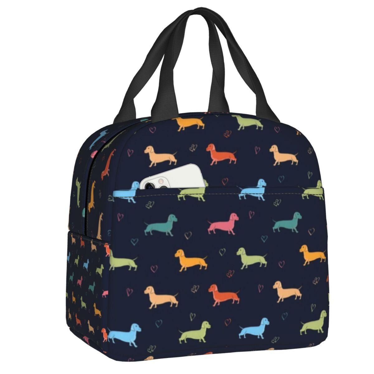 Custom Cartoon Dachshund Dog Pattern Insulated Lunch Bag for Women Waterproof Cooler Thermal Lunch Box Beach Camping Travel 22x20x13cm