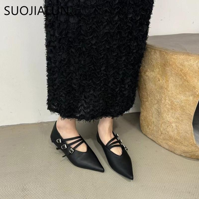 Fashion SUOJIALUN Autumn Women Flat Shoes Fashion Buckle Pointed Toe Shallow Slip On Boat Shoes Soft Flat Heel Outdoor DressBallerinas