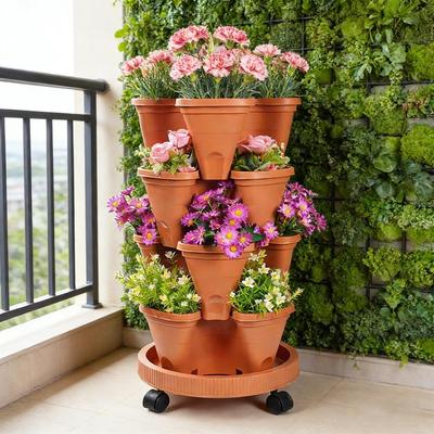 Four-tier Stackable Planter,Vertical Planting Rack,Strawberry Planting Tower,Automatic Drainage Flower Pots With Movable Caster