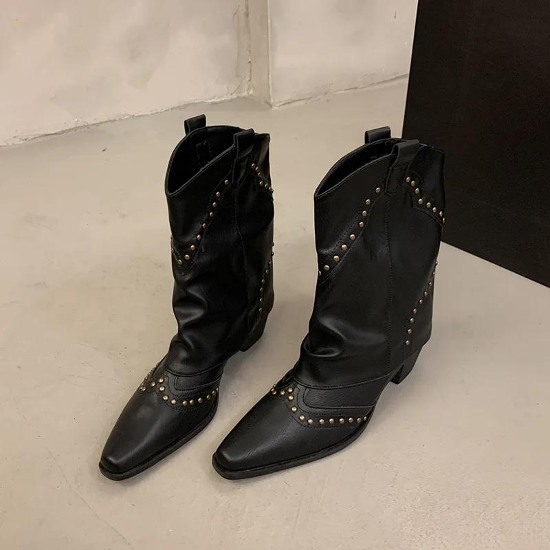 

Мода Женские Ковбойские Сапоги Мода Слипоны Женские Элегантный Квадратный Каблук Высокий Голенище Ботильоны Обувь Ретро Женские Весенне-Осенние Сапоги Обувь 40 чёрный