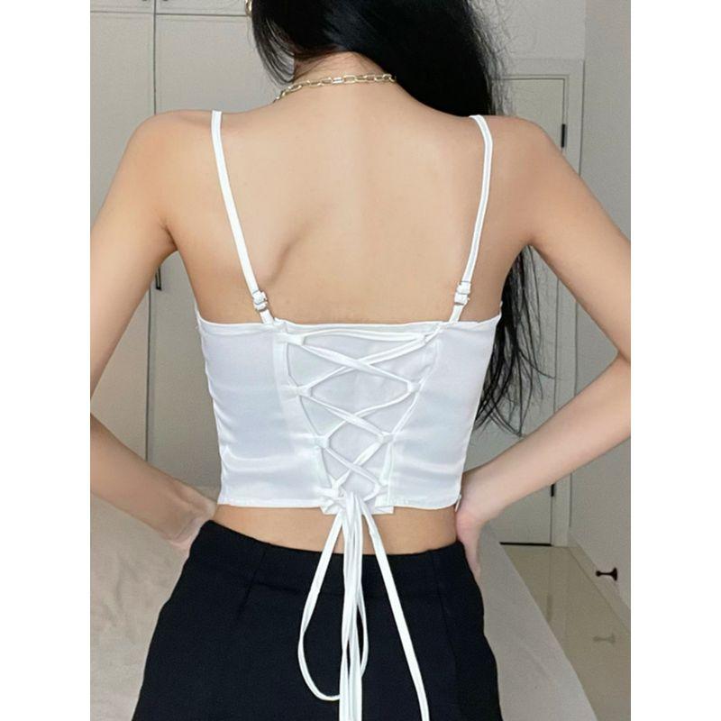Niche Style Retro Design Lace-up Irregular Spaghetti-Strap Vest Women's Summer and Summer Waist-Tight Slim Looking Sexy Graceful Satin Tops