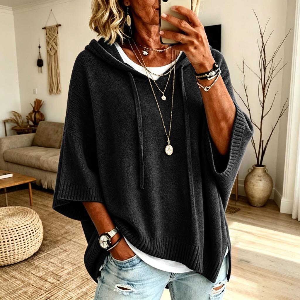 Women's Loose Fit Hooded Drawstring Sweater with Three-Quarter Sleeves Color Casual Top