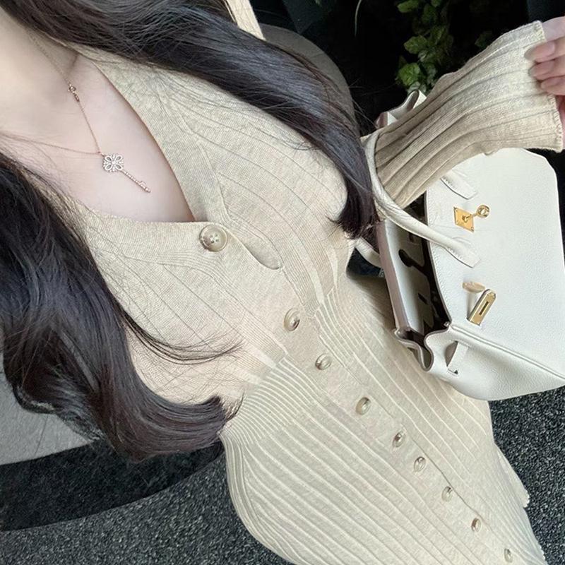 Elegant Slim-Fit Long-Sleeve Korean Knit Dress for Women
