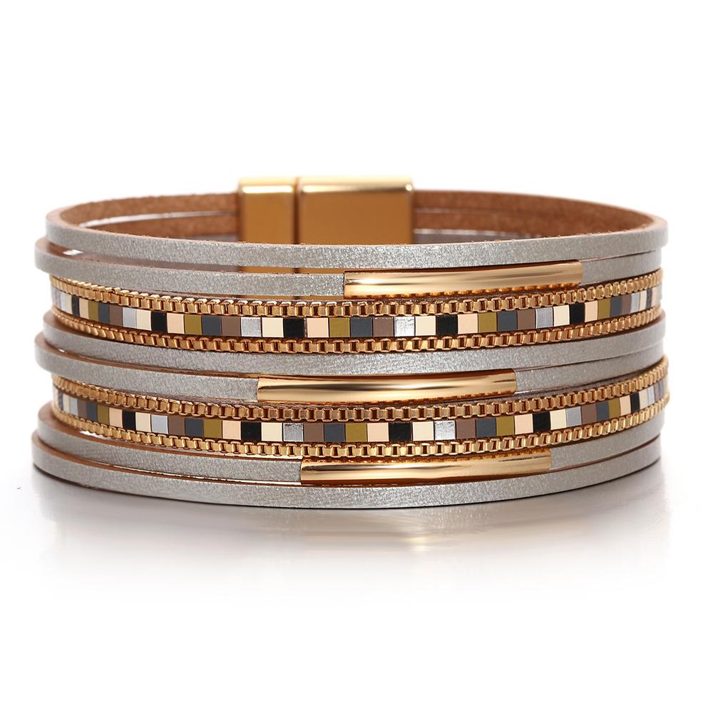 Square Leather Bracelet for Women Boho Tube Multilayer Wrap Wide Bangle Party Jewelry Accessory