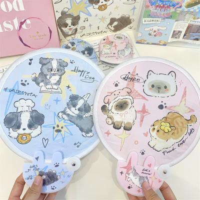 Karikatür Yavru Kedi Katlanır Depolama Yuvarlak Fan Çantalı Kawaii Çocuk Kız Büküm Katlanır El Fanı Selfie Yansıtıcı Arka Yüz