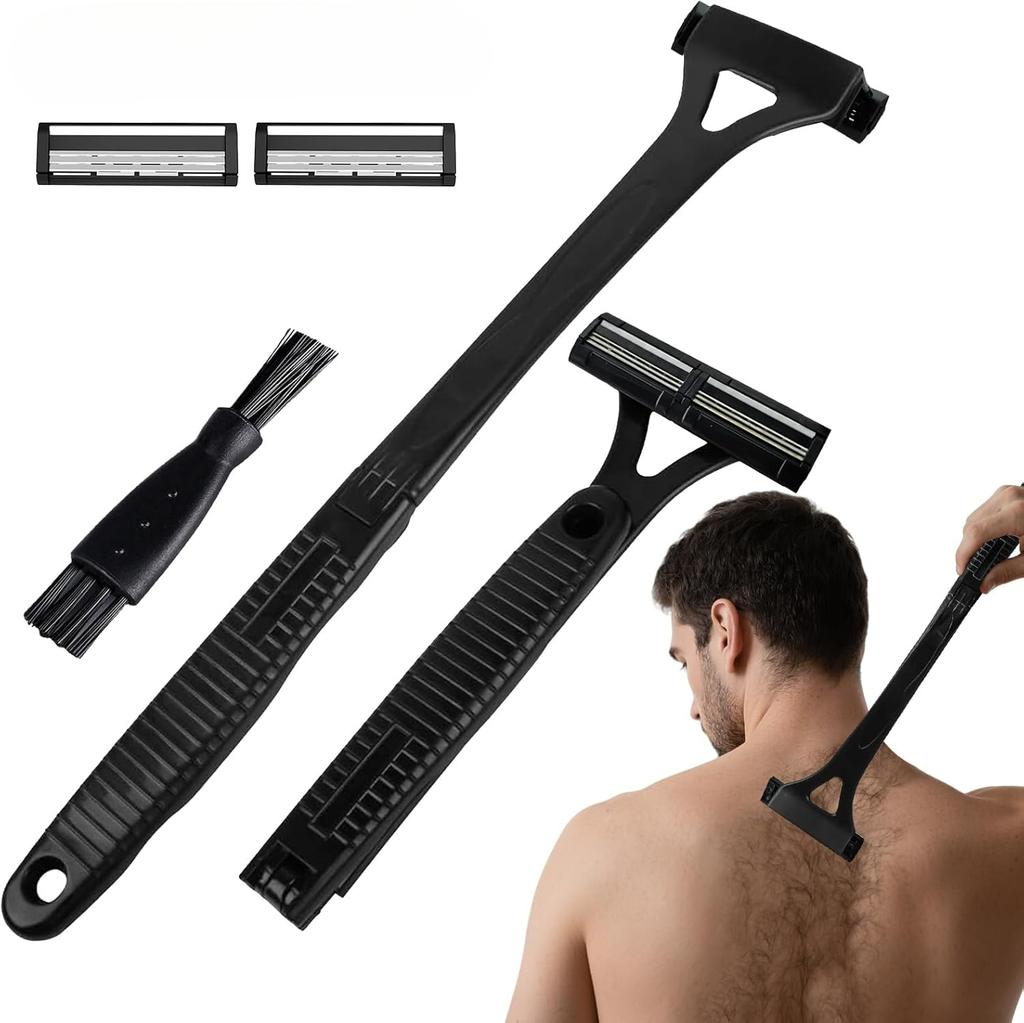 Back Shaver for Men with Foldable Long Handle, Premium Stainless Steel Body & Back Hair Trimmer, Repl aceable Safety Blades, Wet or Dry Use