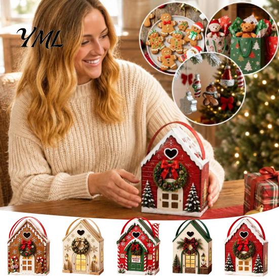 Small Holiday Surprise Boxes Christmas Wonderland Cottage Gift Box, House Shaped Paper Treat Boxes, Eve Containers Snack Holder with Handle