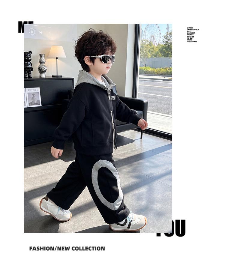 Boys' Two-Piece Spring & Autumn Set: Hooded Jacket & Casual Pants, Stylish Color Block Outfit