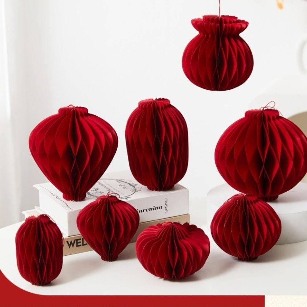Red Honeycomb New Year Decorations with Tassel Paper Christmas Tree Ornament Hanging Style Paper Honeycomb Lantern