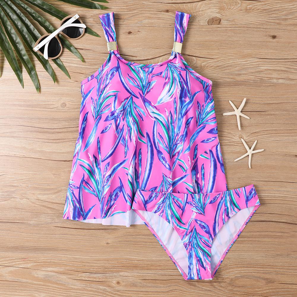 Plus Size Women Fashion Sexy Round Neck Dark Cherry Blossoms Bikini Set Slim Fit Beach Swimsuits Two Piece Set