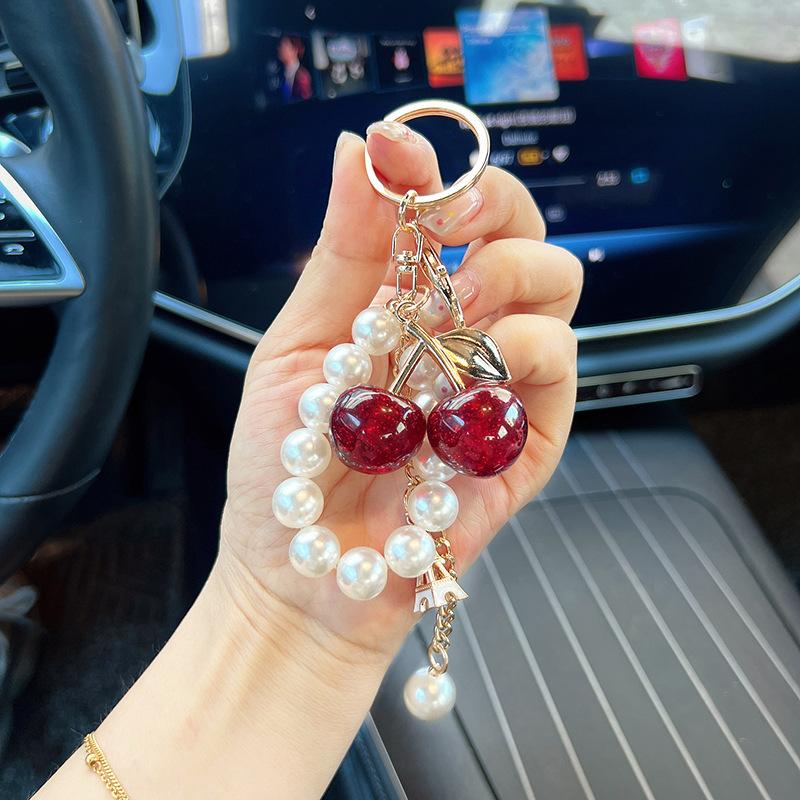 Yogodlns Acrylic Cherry Bag Charm With Imitation Pearl Bead Chain Mini Eiffel Tower Metal Pendant Gold Leaf Keychain Handbag Accessory