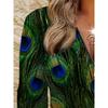 Elegant Casual Comfortable Style Painting Peacock Feather Elements Printing Pattern Code Women's Clothing Crew Neck Zipper Long Sleeve