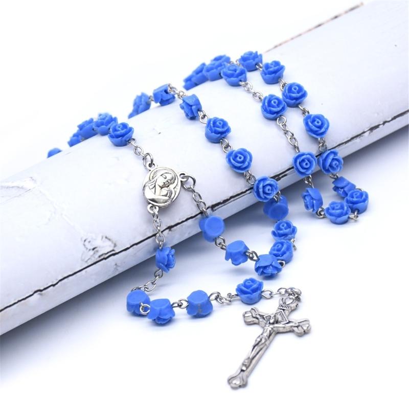 Einzigartige katholische Rosenblumen-Perlen Kreuze Anhänger Rosenkranz Halskette Gebetskette für religiöse Zeremonien und zum Verschenken