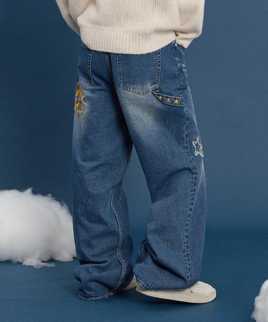 WAIKEI Star Applique Embroidery Denim Pants Medium Blue